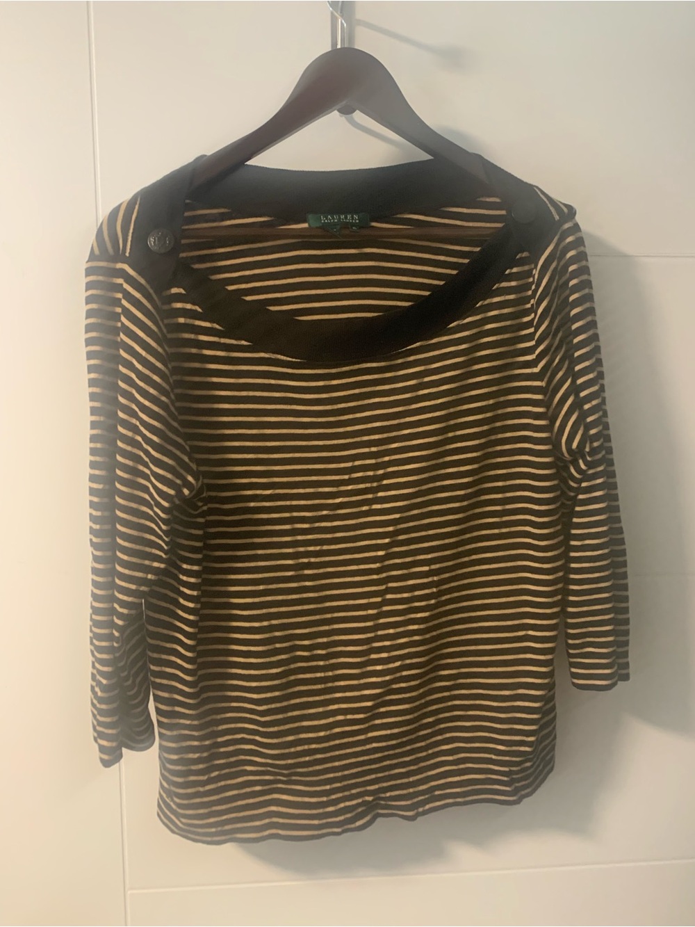 Lauren Ralph Lauren Striped Boatneck Top in Black and Tan A16
